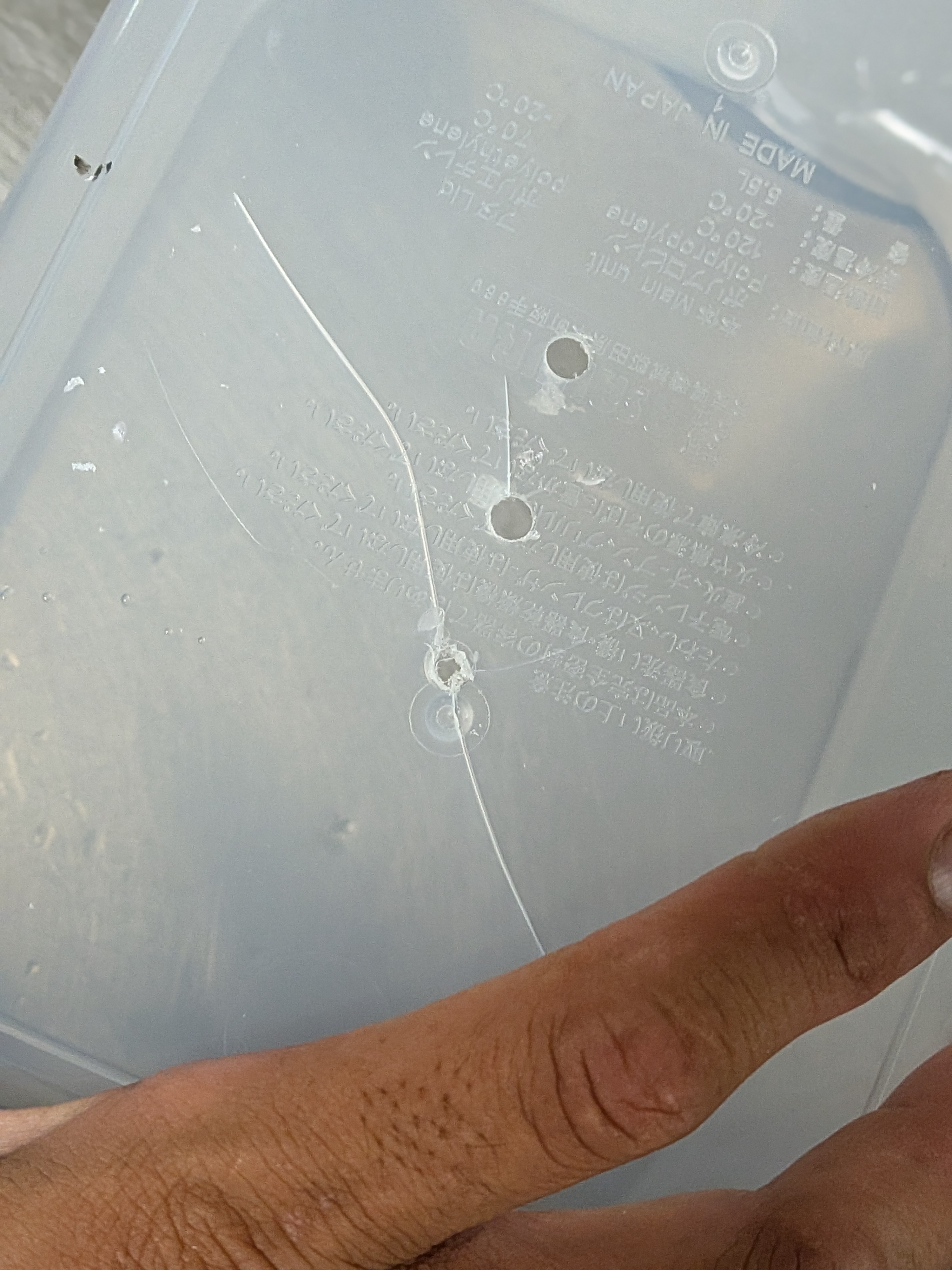 250913　芦ノ湖ワカサギ　準備　ワカサギライブウェル作成　水抜き穴開けてたら割れた