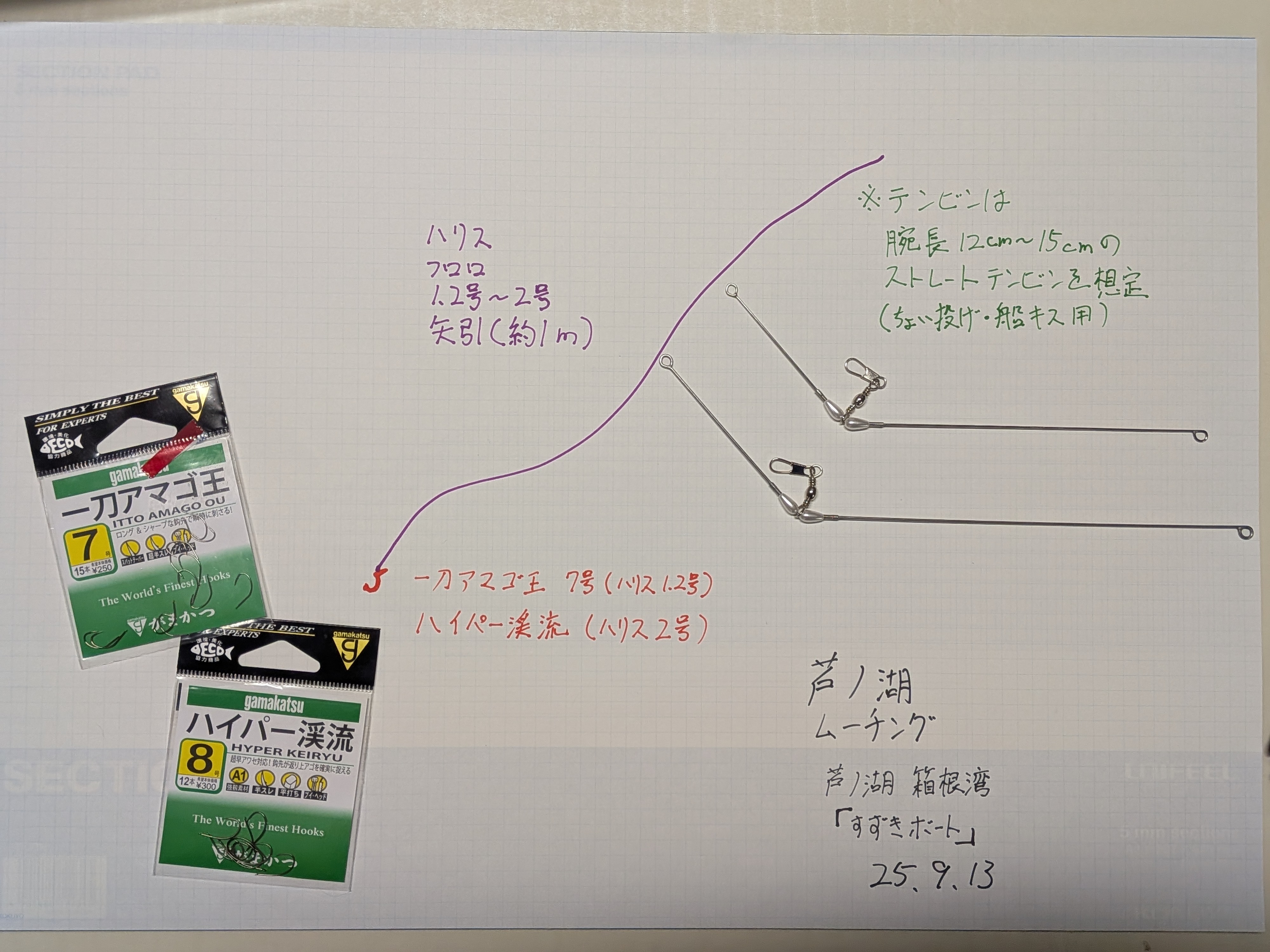 250913　芦ノ湖ワカサギ　準備　ムーチング（泳がせ）仕掛けイメージ図