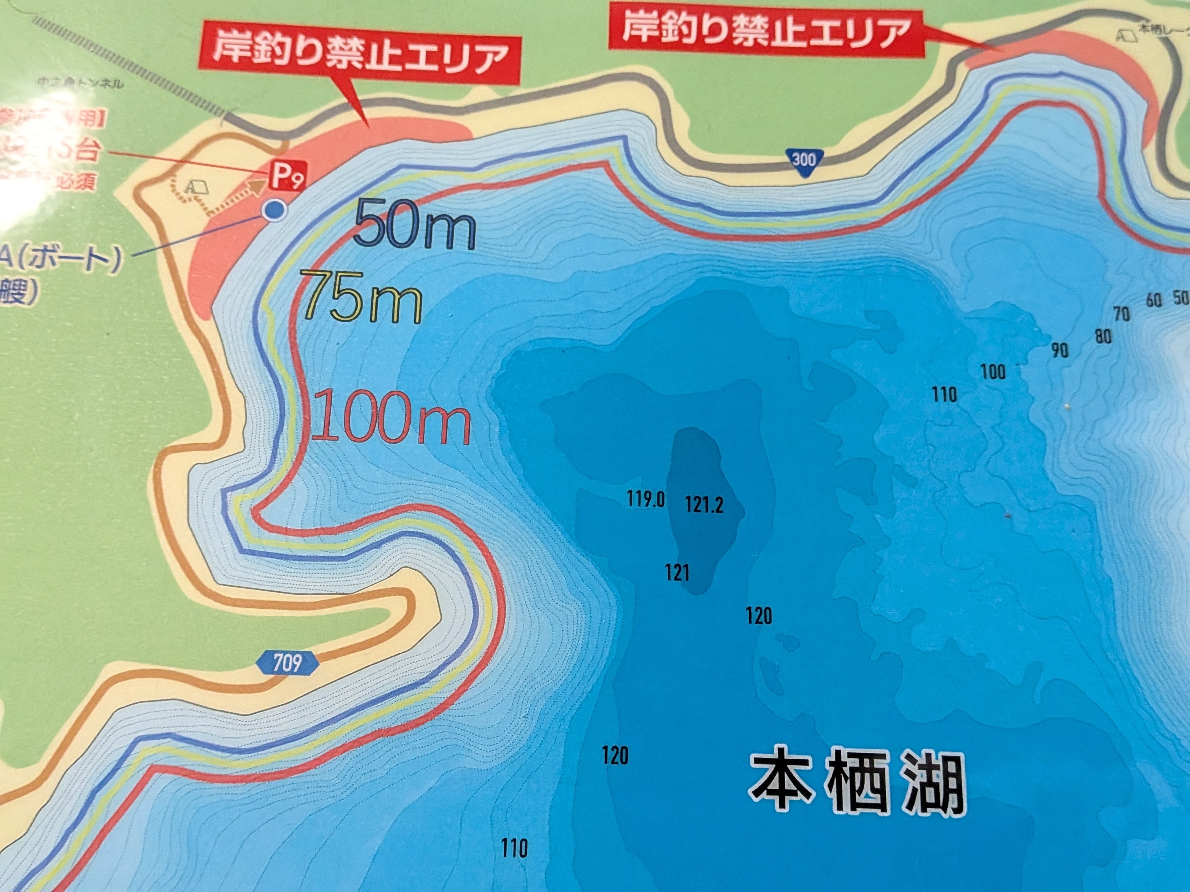 251005 本栖湖レイクトラウト大会 マップにラインを引いて届く範囲を確認