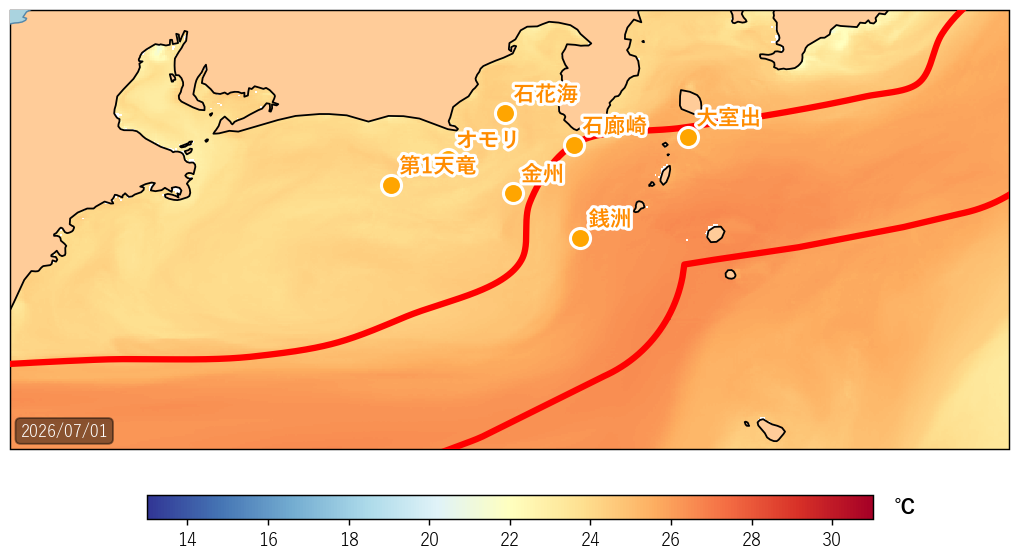 2026年7月1日の静岡県沖(駿河湾〜遠州灘)海面水温・黒潮流路図