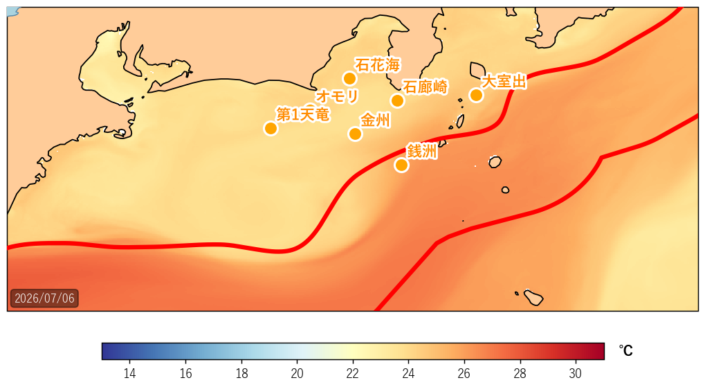 2026年7月6日の静岡県沖(駿河湾〜遠州灘)海面水温・黒潮流路図