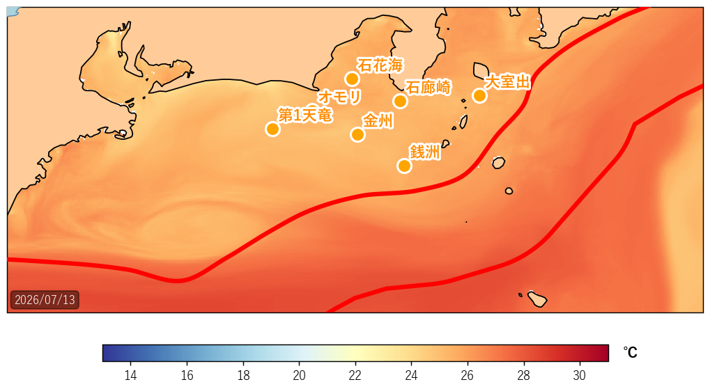 2026年7月13日の静岡県沖(駿河湾〜遠州灘)海面水温・黒潮流路図