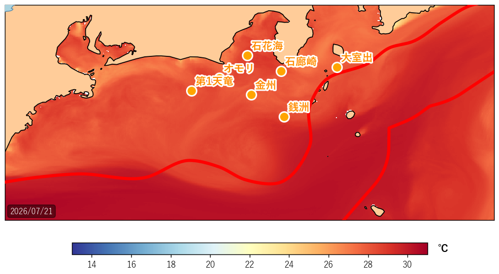 2026年7月21日の静岡県沖(駿河湾〜遠州灘)海面水温・黒潮流路図