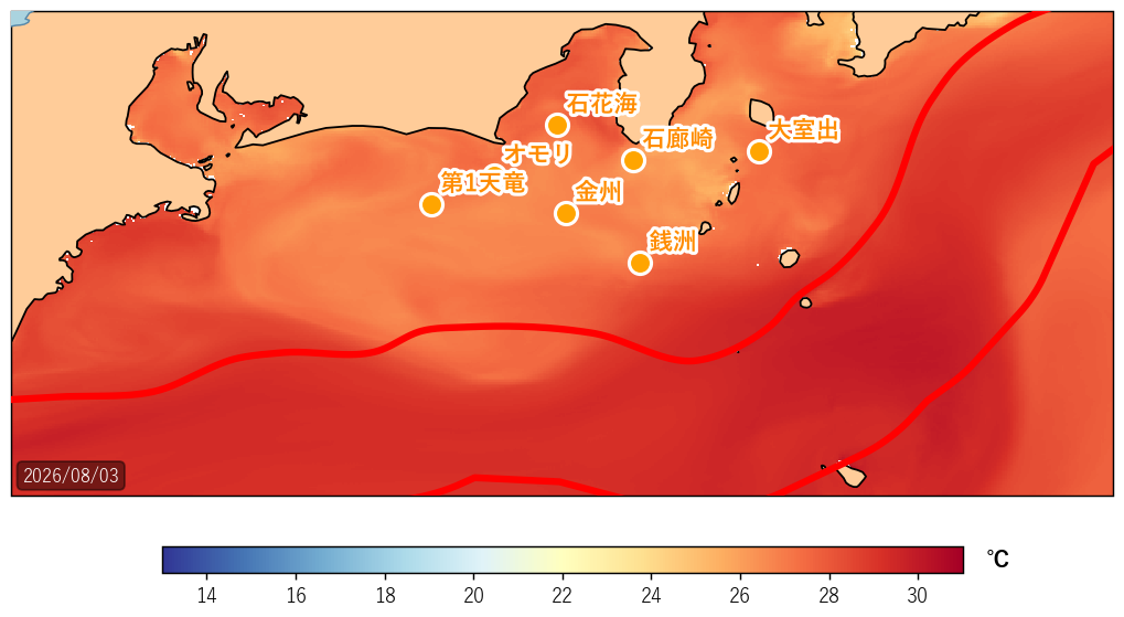 2026年8月3日の静岡県沖（駿河湾〜遠州灘）海面水温・黒潮流路図
