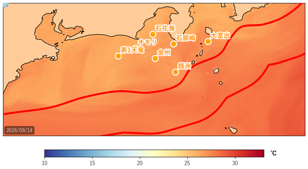 2026年9月14日の静岡県沖(駿河湾〜遠州灘)海面水温・黒潮流路図