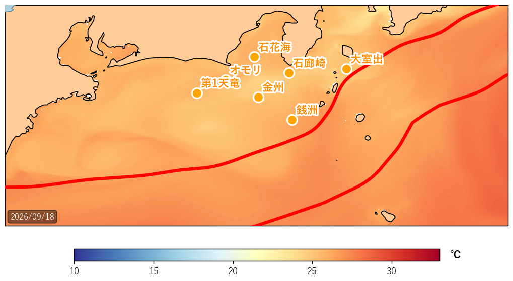 2026年9月18日の静岡県沖(駿河湾〜遠州灘)海面水温・黒潮流路図